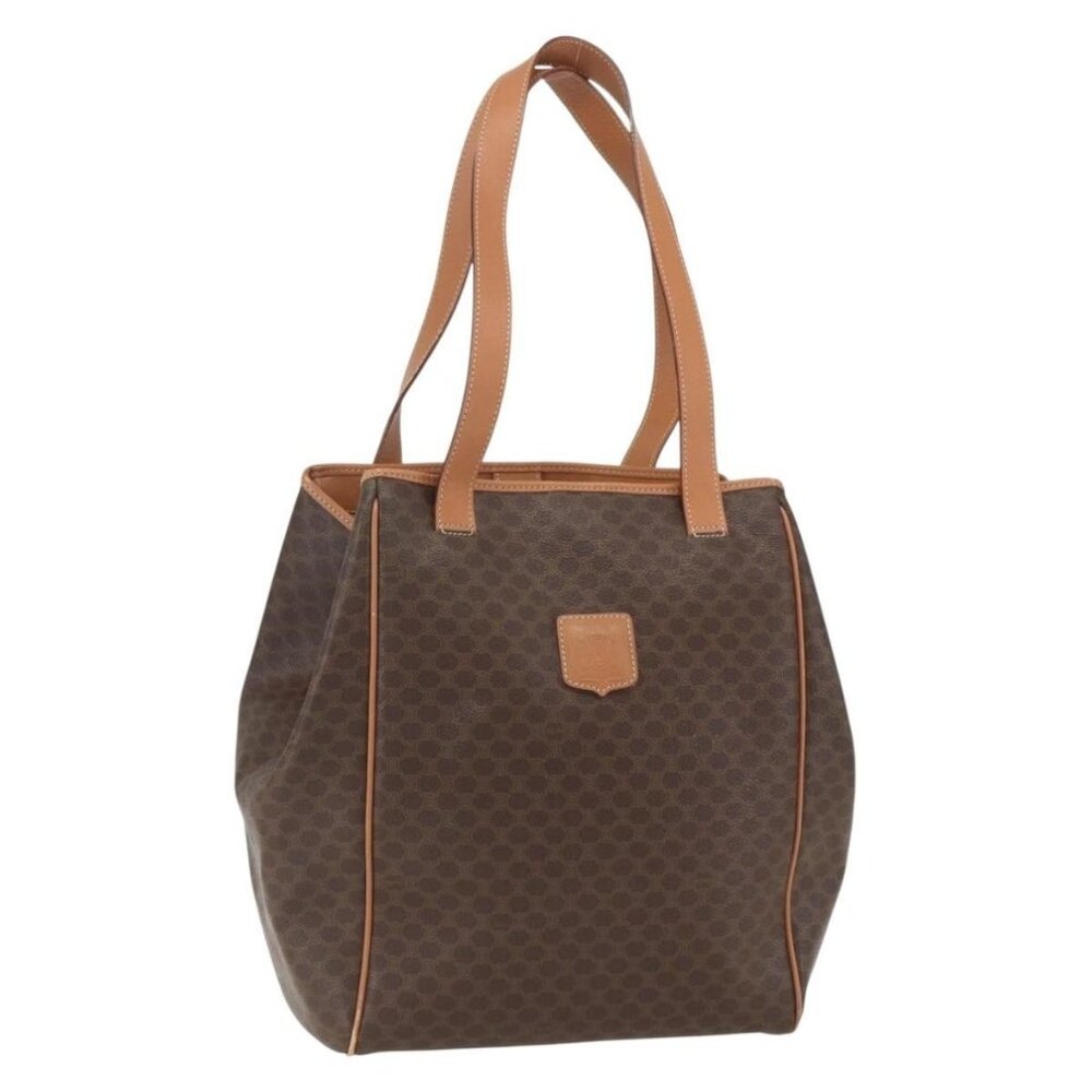 Authentic CELINE Macadam Canvas Shoulder Bag PVC Leather Brown Gold